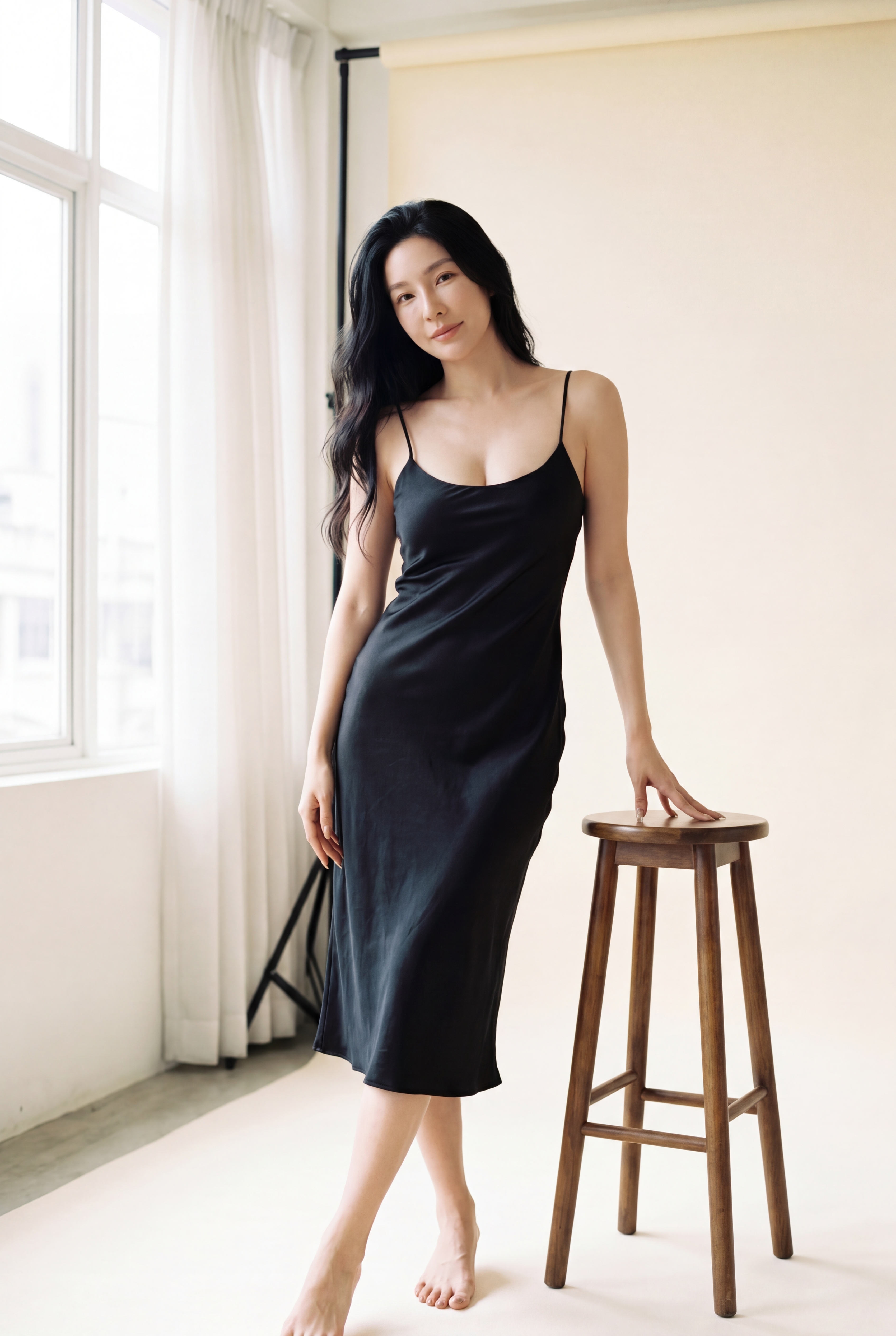 Miki — standing beside stool
