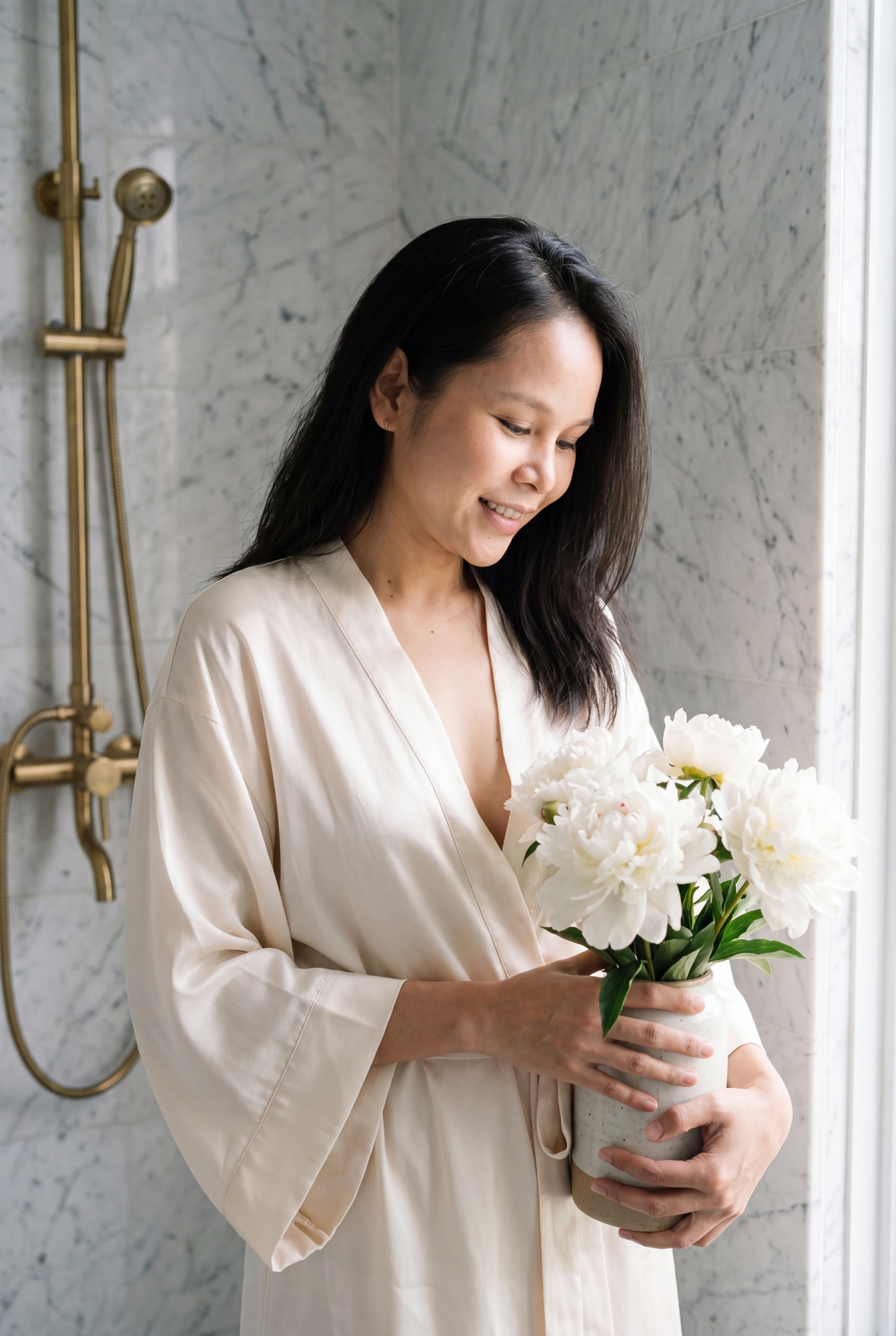 With peonies